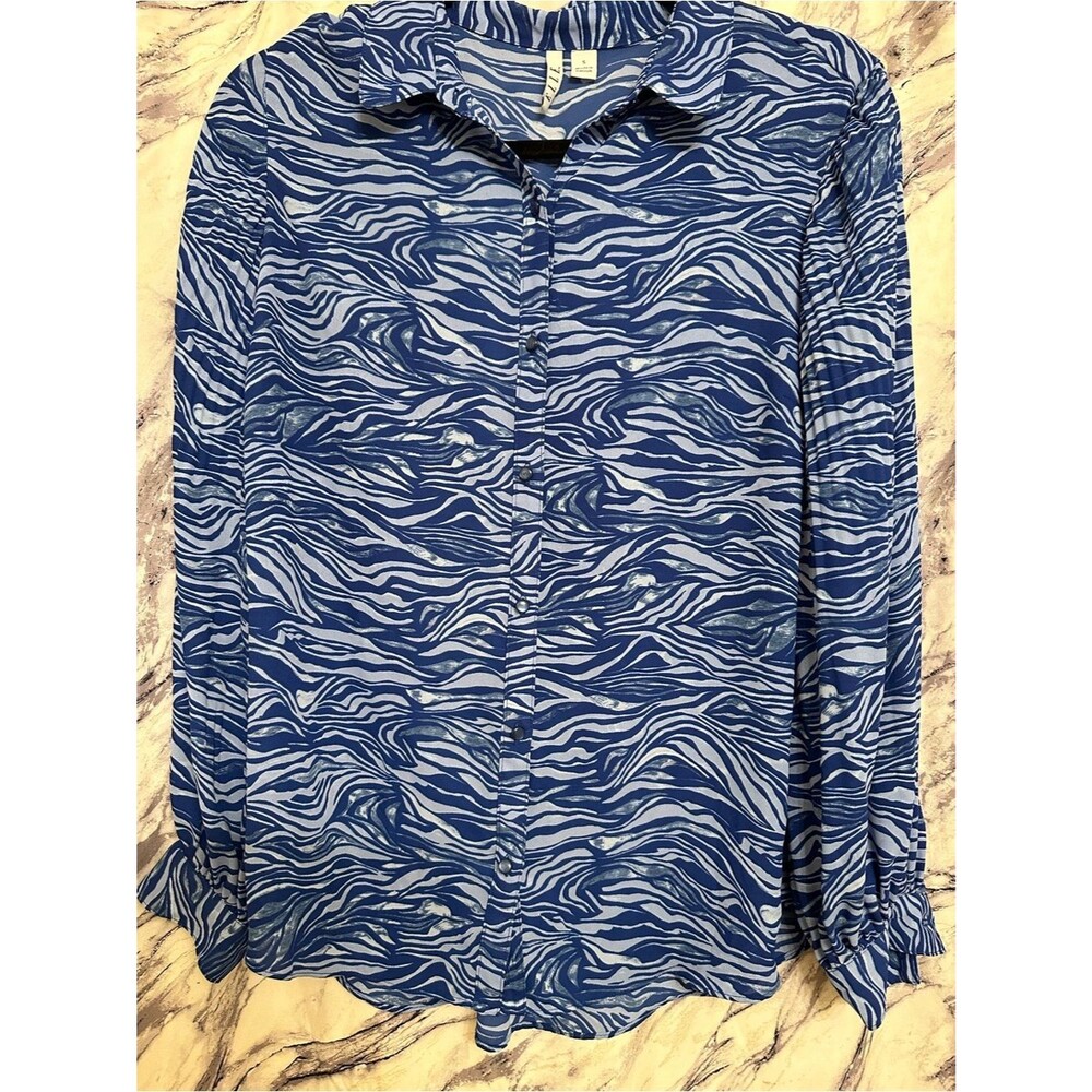 Blue and White Zebra Print Button Down Top
